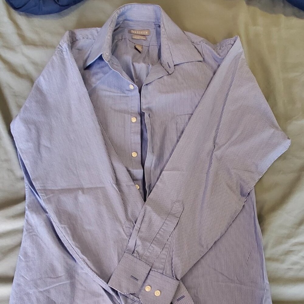 Van Heusen Blue & White Striped Dress Shirt - 15.5, 34/35. Fitted. Wrinkle free.